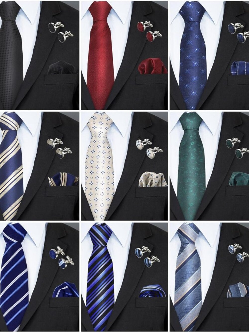 Stylish 9-Piece Silk Tie Set for Men - Striped Patterns, Perfect for Formal